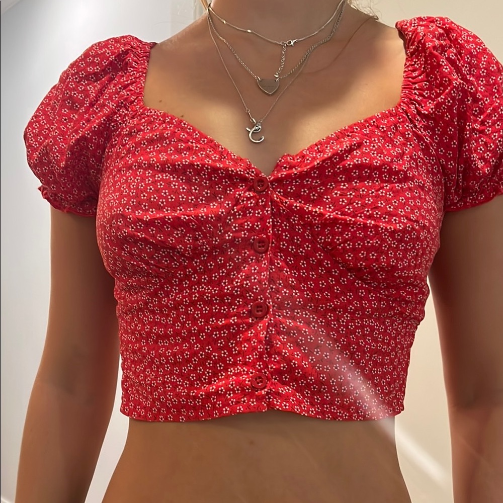 Princess Polly Red and White Puff Sleeve Crop Blouse